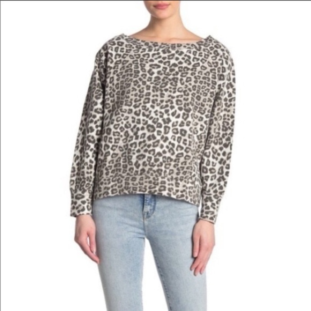 Good American Cheetah Print Boatneck Relaxed Fit Long Sleeve Sweatshirt Top S
